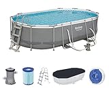 Bestway Power Steel Framepool Komplett-Set, oval, mit Filterpumpe, Leiter & Abdeckplane 488 x 305 x 107