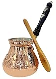 Alba Rosas Große Kupfer-Kaffeekanne für 6 Personen, Dicke 2 mm, Gewicht 260 g, Türkisch, Griechisch, Arabisch, Cezve Ibrik Briki mit Holzgriff, inklusive Holzlö