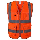 JKSafety Sicherheitsweste mit 9 Taschen, Klasse 2, hohe Sichtbarkeit, Reißverschluss vorne, mit reflektierenden Streifen, erfüllt ANSI/ISEA-Standards (150-Orange XL)