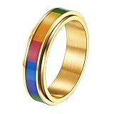 HIJONES Damen Herren 6mm Winzig Stapeln Regenbogen Spinner Ring Zappeln aus Edelstahl Hochzeit Schmuck Gold Größe 70