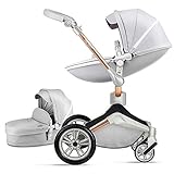 Hot Mom 360° Rotation Kinderwagen Kombikinderwagen Buggy mit Babywanne & Sportsitz, inklusive Babyschalen-Adapter, Aluminium Rahmen (ohne Autositz, Grau-2in1) 2022 sty