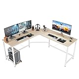 DlandHome Gaming Schreibtisch L Form Großer Eckschreibtisch Gaming Winkelschreibtisch Computertisch, Bürotisch Ecktisch Studie PC Tisch Workstation mit CPU-Ständer 150 cm + 150 cm,Ahorn & Weiß