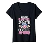 Damen Echte Mädchen Zocken & Gucken Anime Gamer Zocker Weeb Otaku T-Shirt mit V
