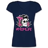 Mutter Geschenk Mama - Momlife Rockabilly Totenkopf - XXL - Dunkelblau - Totenkopf - XO1525 - Damen T-Shirt mit V