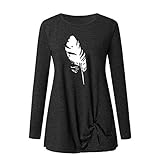 Damen Rundhals Langarm Feder Druck T Shirt Casual Loose Fit Lange T-Shirts mit Trendy Gekreuzte Vorderseite Design Bluse Tops für Teen Girl, Schwarz , Larg