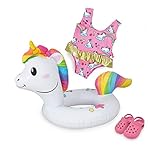 Heless 66 - Schwimm-Set für Puppen, 3 teilig, Motiv Einhorn Henri, Badeanzug, Clogs und Schwimmring, Größe 35 - 45 cm, für Badespaß an heißen Sommertag