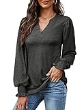 Avoogue Shirt Damen Valueweight Mode V-Neck Locker Sportshirts Damen Einfarbig Lange Ärmel Freizeit Blusenshirt Damen(Dunkelgrau,M)