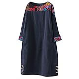 LOPILY Winterkleid Damen Vintage Hippie Blumendruck Tunika Kleid aus Cord Locker Strickkleid Damen Große Größen Skaterkleid Oversize für Mollige Strickpullover Lose Pulloverkleid Freizeit (Navy, 5XL)