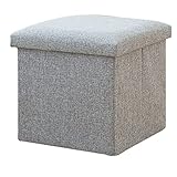Leinen Sitzhocker, Faltbar Fußbank Aufbewahrungsbox SitzWürfel Platzsparend Fußhocker mit Deckel Sitztruhe Passend für Schlafzimmer Wohnzimmer-grau-25x25x25cm (10x10x10 Zoll)