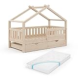 VitaliSpa Design Kinderbett 160x80 Babybett Hausbett Gästebett Lattenrost (Natur + Matratze)