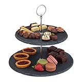 Relaxdays Etagere, 2 Etagen, Schiefer, Kuchen, Snacks, Obst, Metallgriff, Servierständer, HxD 23x25 cm, anthrazit/silb