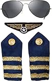 Pilot Piloten Flieger Set 4 teilig Brille Schulterklapp