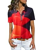 GFGHH Damen Kurzarm Blusen V-Ausschnitt Oberteile Reißverschluss T-Shirt Elegant Hemd Tops Casual Vintage Drucken Tunika Shirts Sommershirt Lässige Langshirt Locker Revers Teenager M