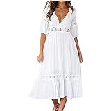 yiouyisheng Damen Chiffonkleid Lang, Abendkleid Maxikleider Damen Kleid Kurzarm V-Ausschnitt Einfarbig Aushöhlen Langes Kleid aus Chiffon, Sommerkleid Damen Bohemien Hohe Taille Lose Strandk