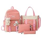 JINGLING 4PCS Rucksack-Set für Mädchen, süße Bären-Anhänger-Kinder-Schultasche-Einkaufstasche-Umhängetasche und Federmäppchen-Set Geschenke für M