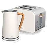 Swan Nordic Frühstücks-Set, kabellos, 1,7 l, 2200 W, Toaster mit breitem Schlitz, 2 Scheiben, 3 Funktionen, modernes Design, Holzoptik, Weiß