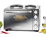 ROMMELSBACHER KLEINKÜCHE KM 3300-2 Gussheizplatten, 30 Liter Backraum, Oberhitze, Unterhitze, Umluft, Drehspieß, 3 Einschubebenen, Doppelverglasung, Spiegelglas-Front, 3250 Watt, silber/schw
