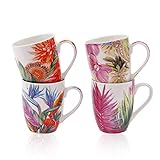 Flanacom Floral Kaffeetasse 4-er Set - Große Kaffee-Becher 300-ml im bunten Design - hochwertige Tee-Tassen mit feinem Druck - Spülmaschinenfeste Keramik - Geschenk für Frauen Mutter (Multi Leaves)