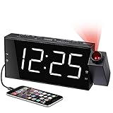 Projektions Wecker für Schlafzimmer, Digitalerwecker mit Großer LED-Anzeige und Dimmer, 180 °Projektor, USB-Ladegerät, 12/24 H, Sommerzeit, Schlummer, Schreibtischwand-Deckenuhr fü