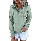 LRWEY Pullover Sweatshirt für Damen mit Knopfleiste und Kordelzug und Kapuze für Damen mit V-Ausschnitt, grün, 48