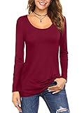 Florboom Oberteile Damen Langarm Elegant Tshirt Rundhals T-Shirt Baumwolle Tunika Solid Color Blusen Weinrot XL