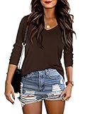 Beluring Damen Lose T-Shirt Blusen Tunika Tops Herbst V-Ausschnitt Langarm Braun L