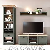 Lomadox Landhaus TV Media Wohnwand in englisch grün mit Wotan Eiche, mit Beleuchtung, Regalschrank mit Weinflascheneinteilung, TV-Lowboard und Wandreg