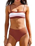 CUPSHE Damen Bikini Set Bandeau Farbblock Bikini Bademode Spaghettiträger High Waist Zweiteiliger Badeanzug Swimsuit Karamell M