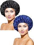 Blulu 2 Stück Extra Große Satin Seide Schlafmütze Haube Kordelzug Schlaf Kappe Verstellbarer Nacht Schlaf Hut Haar Turban (Marineblau, Schwarz)