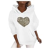 Frauen Hoodie Sweatshirt Damen O-Ausschnitt Pailletten Print Pullover Mode Plus Samt Langarm Top Bluse Mit Tasche(M,Weiss)