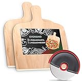 KYONANO Pizzaschaufel, 2 Pizzaschieber Holz + 1 Pizzaschneider Edelstahl, Pizzabrett aus Birkenholz, 30X42cm Brotschieber, Pizzaheber für Pizzastein(3er Set)