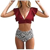 POTOU Damen High Waist Retro Print RüSchen Sexy Push-Up Bikini Damen Bademode Bademode Hawaiianischer Stil Badeanzug Grau L