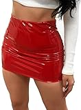 CiKiXZ Damen Lederrock Wetlook PU Leder Bleistiftrock Figurbetont Bodycon Mini Rock Hohe Taille Leather Skirt Hüftrock (Rot, L)