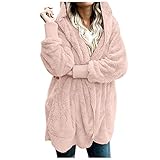 Damen Strickjacke mit Kapuze, langärmelig, flauschig, Fleece, vorne offen, dicke Plüschjacke für den Winter, warme Mäntel, hot pink, 36