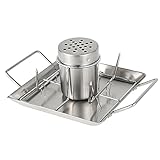 Hähnchenbräter, Bierdose Hähnchengriller mit Tropfpfanne, BBQ Accessoire mit 4 Gemüsespießen, Hähnchenständer E
