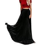 Faltenrock Damen Maxi Lang Swing Qmber Gefalteter A-Linie Plisseerock Gothic Elegant Knie Unterrock Midi Rock Rock n roll Hohe Taille Falten Soild Vintage Lose Strand Wrap Langer Rock (BK, XXL)