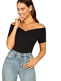 DIDK Damen T-Shirt Schulterfrei Tops Oberteil Slim Shirts mit Herzausschnitt Einfarbig Basicshirt, L, Schwarz-k