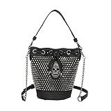 YOUNXSL Beuteltasche Damen Schädel Handtaschen Kordelzug Henkeltaschen Schultertasche PU Leder Eimer Tasche Shopper Niet Umhängetasche Schw