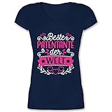 Schwester und Tante Geschenk - Beste Patentante der Welt - Fuchsia/weiß - XXL - Dunkelblau - Statement - XO1525 - Damen T-Shirt mit V