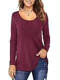 Florboom Longshirt Damen Langarm Oberteile Rundhals T-Shirt Basic Shirt Bluse Tunika Weinrot M