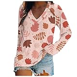 Komiseup Langarmshirt Damen V-Ausschnitt Laub Drucken Langarm Oberteile Casual Sweatshirt Frauen Lose Grafikdruck Pullover Top T-S