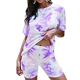 WAQD Damen Schlafanzug Kurz Pyjama Set Sommer Kurzarm Top und Short Nachtwäsche Hausanzug Zweiteilige Sleepwear Freizeitanzug Damen Sommer Print Casual Pyjamas Zweiteiliger Pyjama mit T