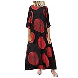 Lässiges langes Damenkleid, Baumwolldruck, Leinen, Graffiti, lose bedruckt, Laternenärmel-Kleider mit Blumenmuster, A-Linie, Swing-Kleid, rot, XXL