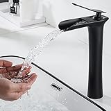 kisimixer Wasserfall Wasserhahn Bad Schwarz, Hoch Waschtischarmatur für Bad, Einhandmischer Aufsatzwaschbecken Armatur Badezimmer Schwarz, Mischbatterie Waschbecken aus Messing, Wasser Sp