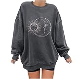 Pianshanzi Damenpullover Rundhals Lange Ärmel Musterdruck Mittlere Länge Übergröße Sportswear Tops Retro Mode Sweatshirt Oberteile Teenager M