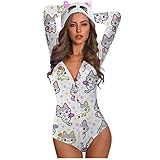 Graceyo Damen Jumpsuit Bodysuit Sexy Tiefer V-Ausschnitt Bodys Overall Bodycon Shorts Langarm Rückenfrei Onsies Strampler mit Katzenohrhut Einteiler Playsuit Pyjama Babydoll Lustig Druck Unterw