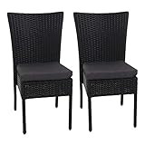 Mendler 2X Poly-Rattan Stuhl HWC-G19, Balkonstuhl Gartenstuhl, stapelbar - schwarz, Kissen dunkelg