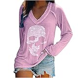 Langarmshirt Damen Sweatshirt Langarm Locker Pullover Totenkopf Druck Oberteile Frauen Herbst Graphic Tee Shirts Elegant V-Ausschnitt Tops Basic Bluse Mädchen Lässig Tunika Lange Ärmel T-S