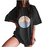 Plus Size T Shirt Damen Vintage lustige Totenkopf Sonne Mond Druck Oberteile Pullover mit tiefem Ärmel Kurzarm Tee Tops mit Rundhalsausschnitt Basic All Match Tunika Bluse Streetw