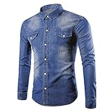 Lässiges Herren Slim Langarmhemd Jeanshemd Denim Shirt Langarmhemd Cowboy-Style Freizeit Hemd männer Kent-Kragen Business Casual Blau Regular Fit Langarm Western Einfarbiger Baumwoll S